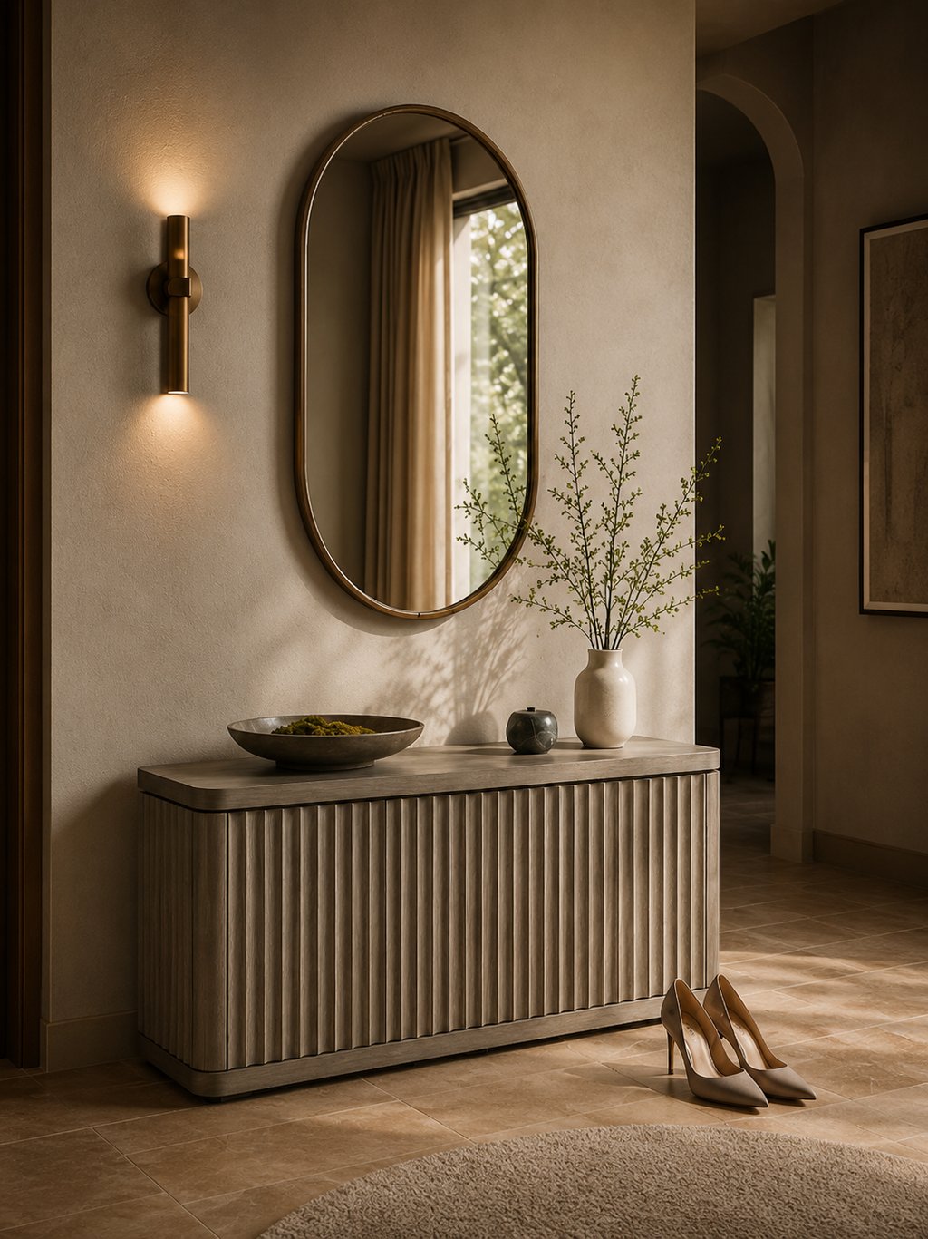 Hotel chic hallway with fluted oak cabinet, bronze mirror, warm lighting, and elegant neutral decor