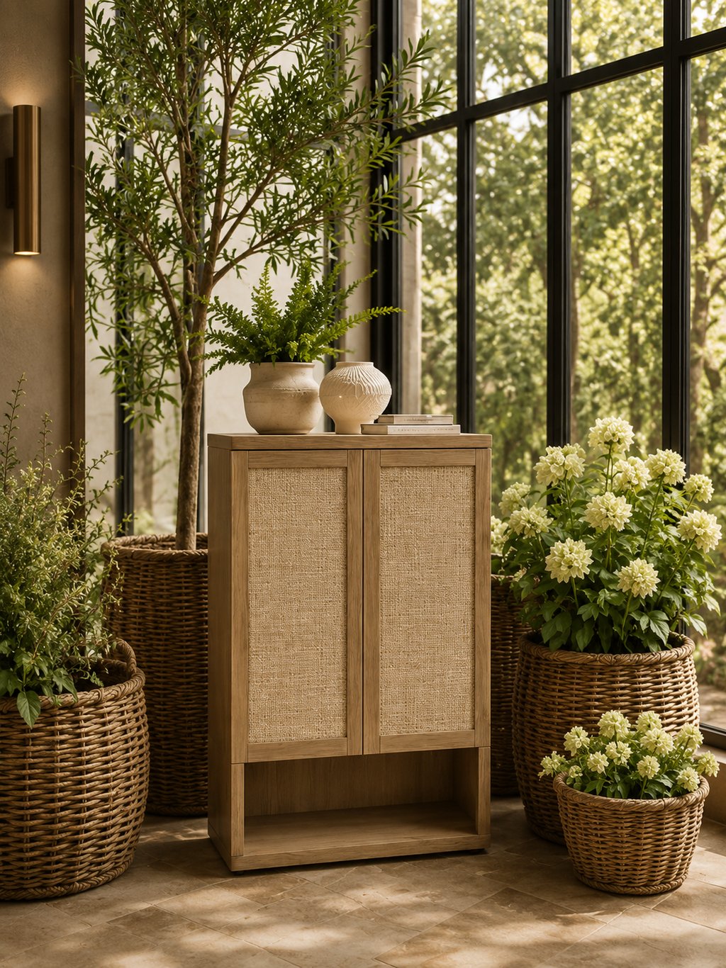 Rattan storage cabinet styled in a biophilic winter garden with woven baskets, flowering plants, and natural oak finishes