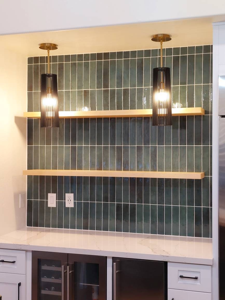 Backsplash wall with new custom shelves and new light pendants