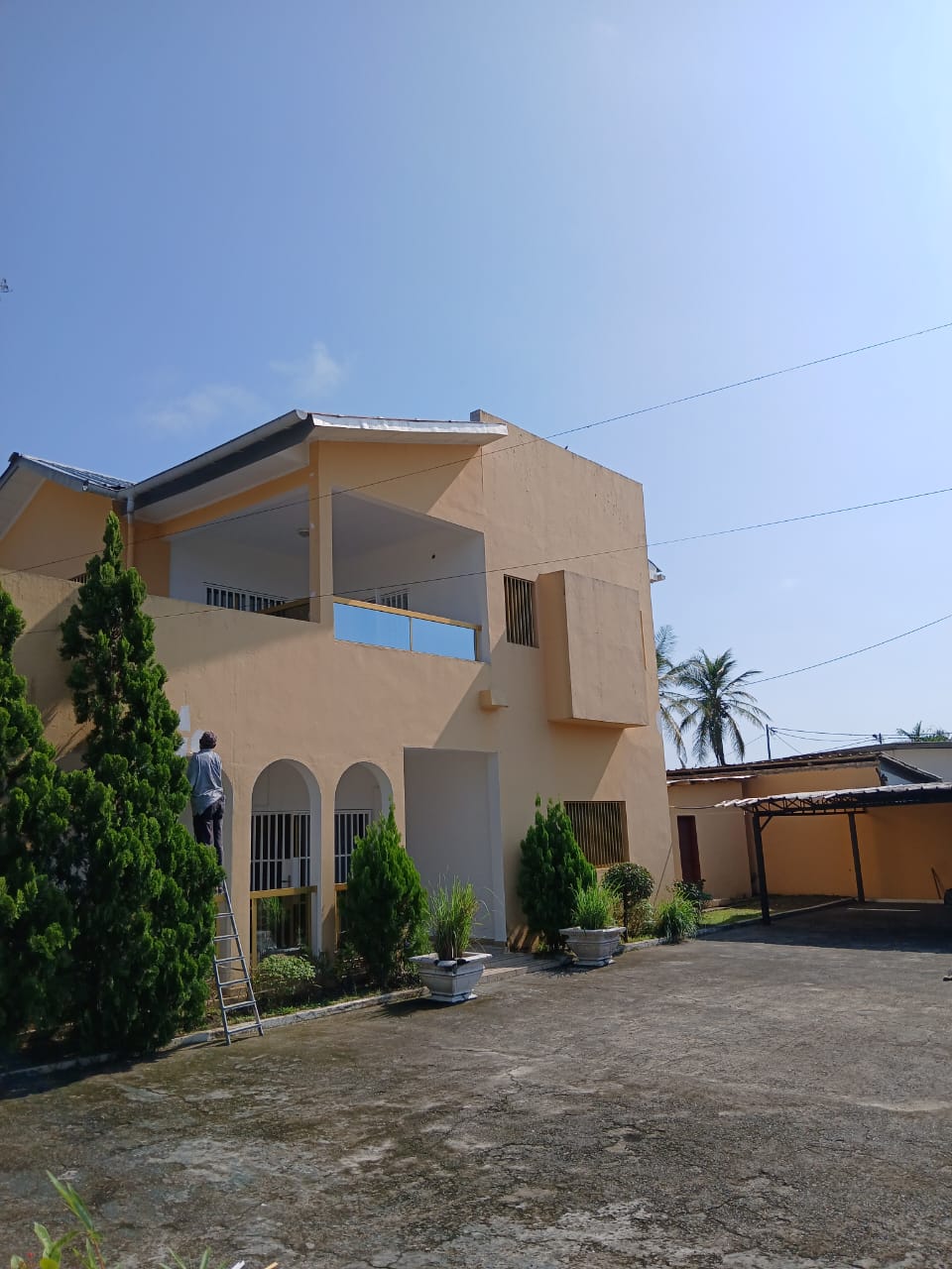a man is painting a house with a ladder