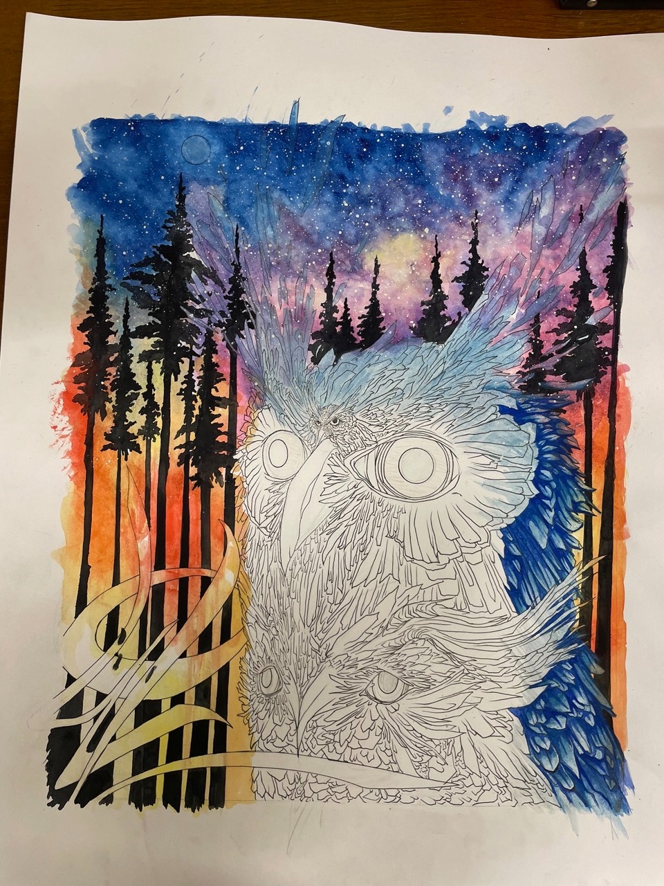 le croquis d'une peinture de chouette a l'aquarelle