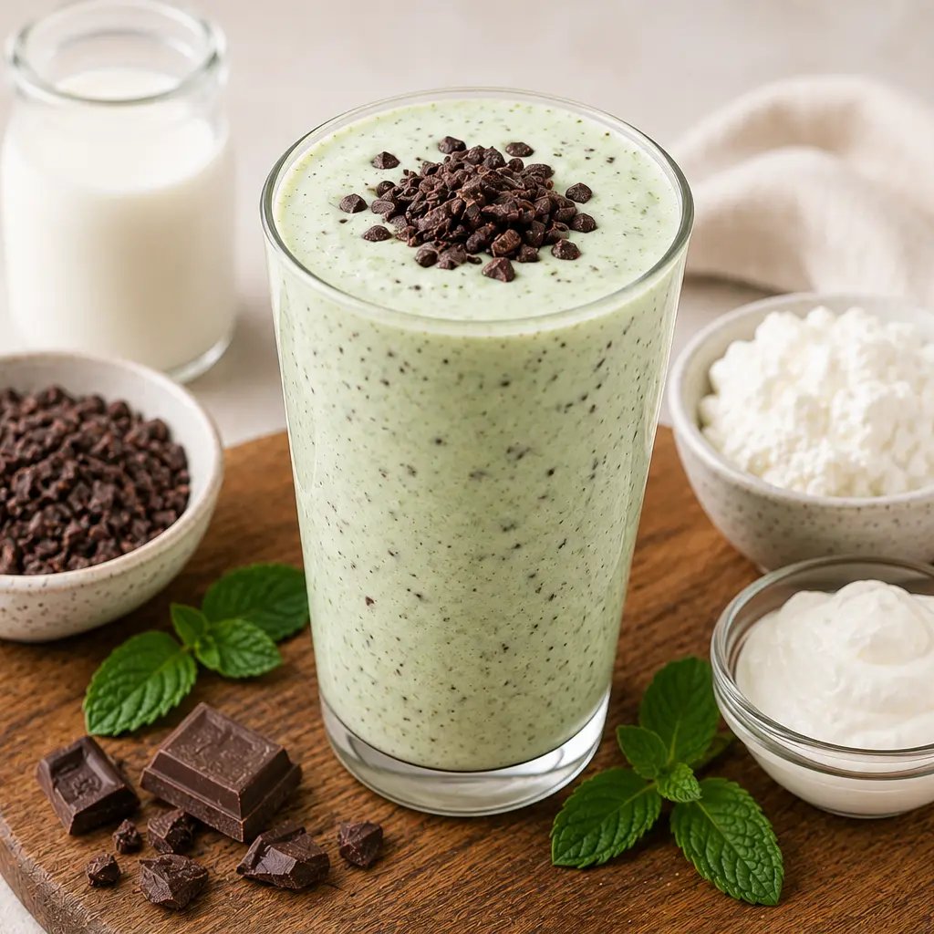 A creamy mint chocolate chip protein smoothie topped with cacao nibs on a wooden board.