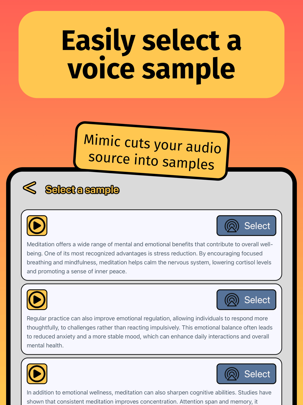 Easily select a voice sample