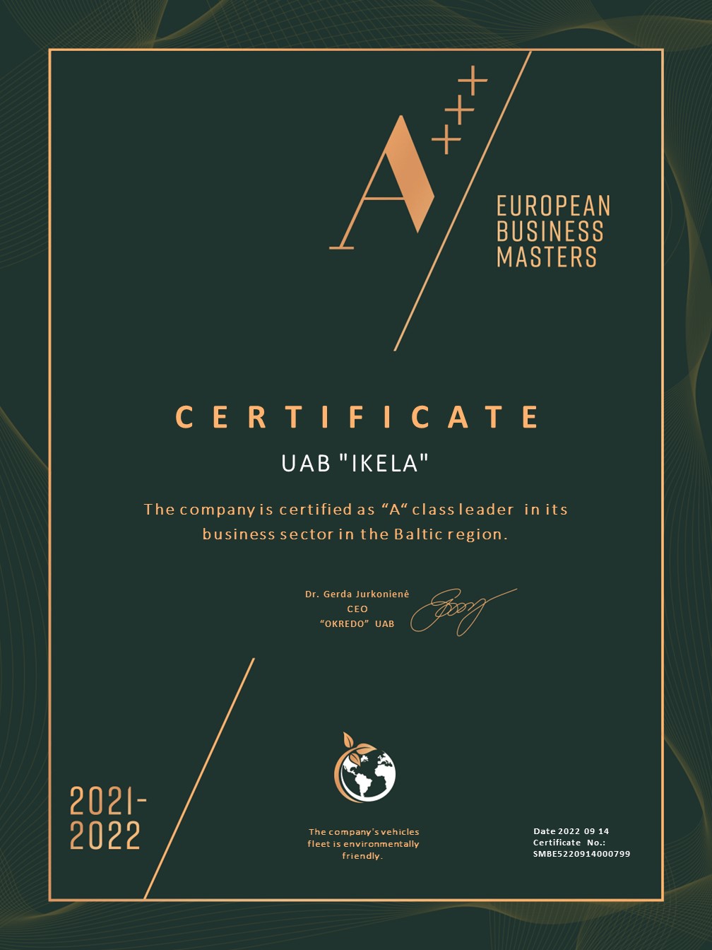 European Business Masters A plus certificate awarded to UAB Ikela for business leadership in the Baltic region.