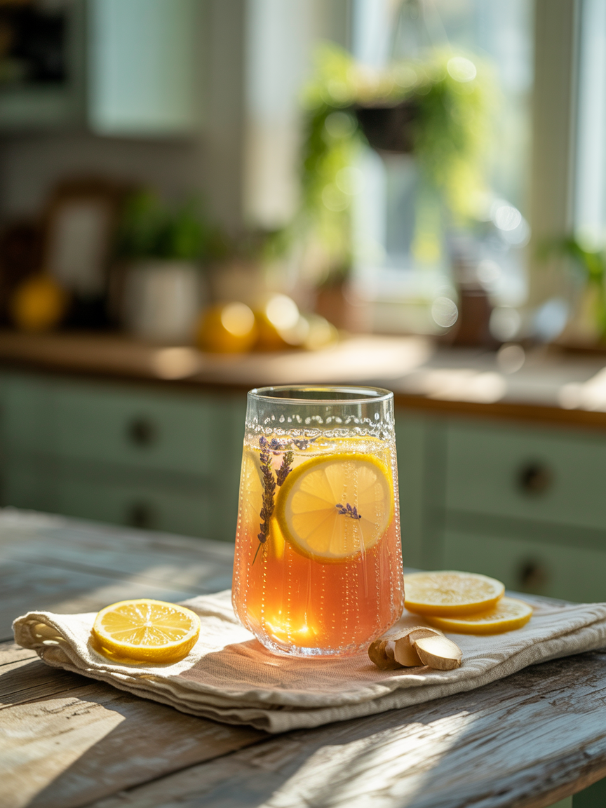 A refreshing glass of homemade healthy lemonade infused with lemon slices,fresh ginger, and lavender