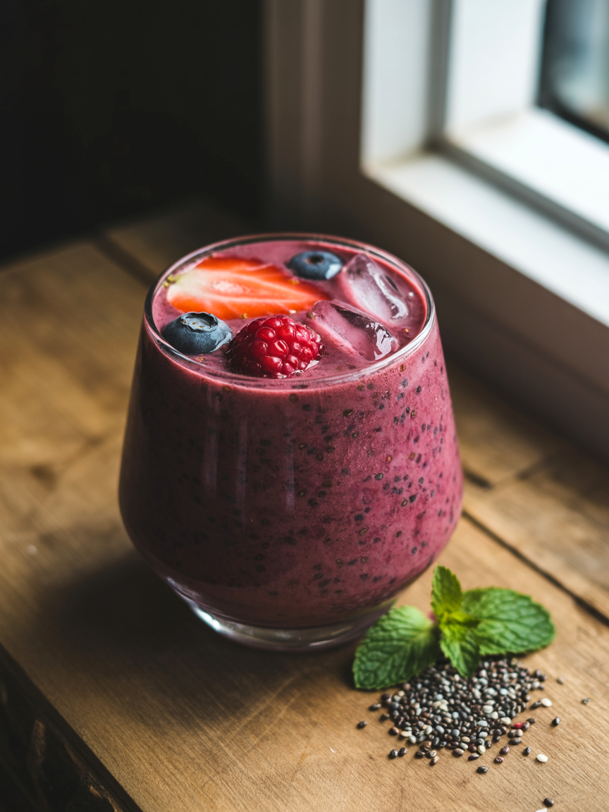 Chia berry smoothie in a glass topped with fresh strawberries, blueberries, and raspberries