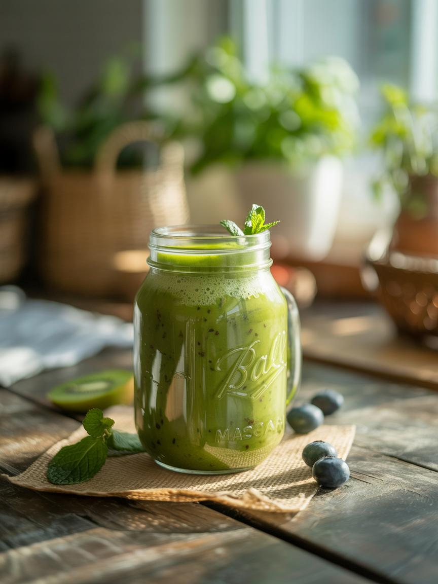 A vibrant green matcha smoothie in a mason jar garnished with fresh mint,blueberries and sliced kiwi