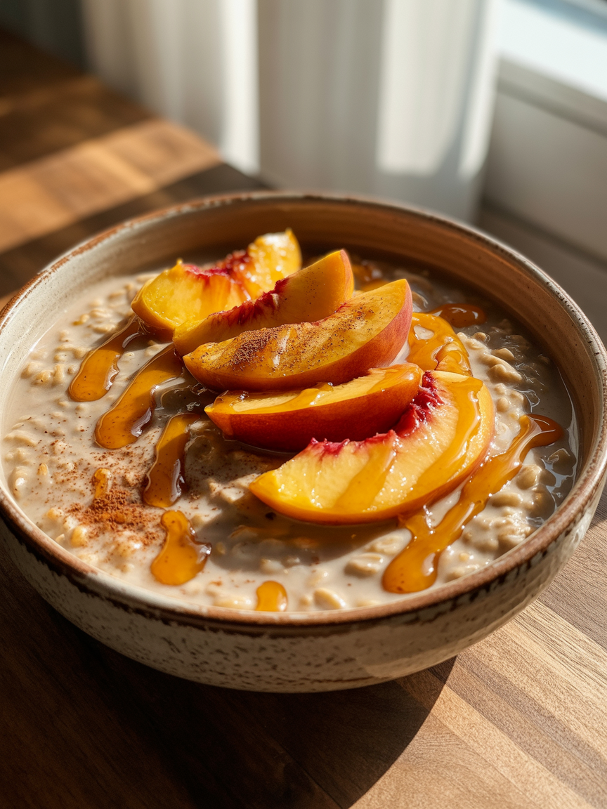 A bowl of Peach Chai Glow Overnight Oats topped with fresh peach slices, a drizzle of golden honey