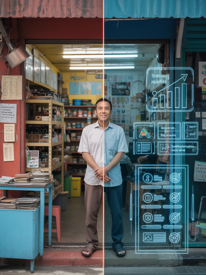 Malaysian SME business owner standing in a shop transforming from traditional to digital with holographic dashboards, symboli