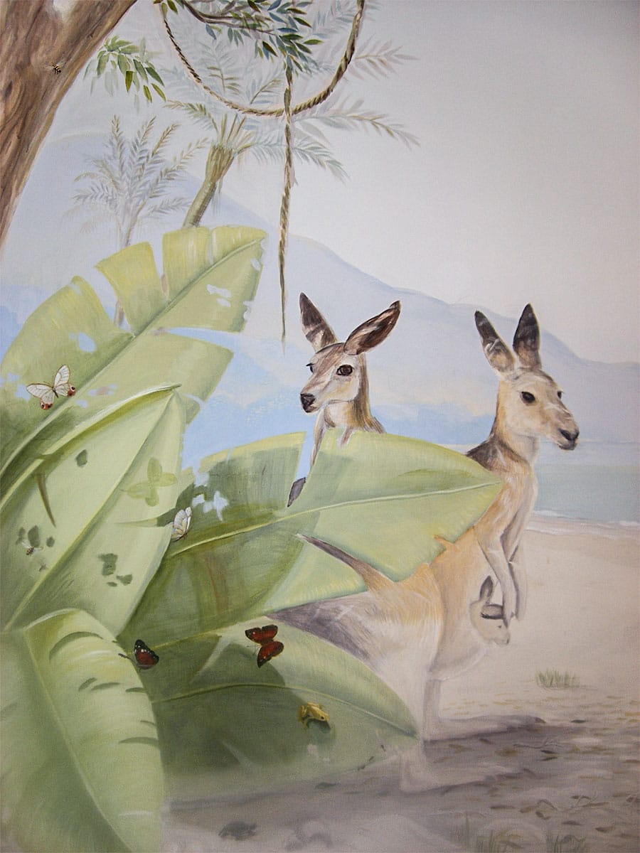 Hand-painted ids’ mural: kangaroos behind tropical leaves on beach, House of Lyria