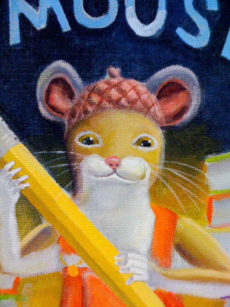 Close-up of kids’ library mural with mouse inspired by ‘The Library Mouse’, by House of Lyria