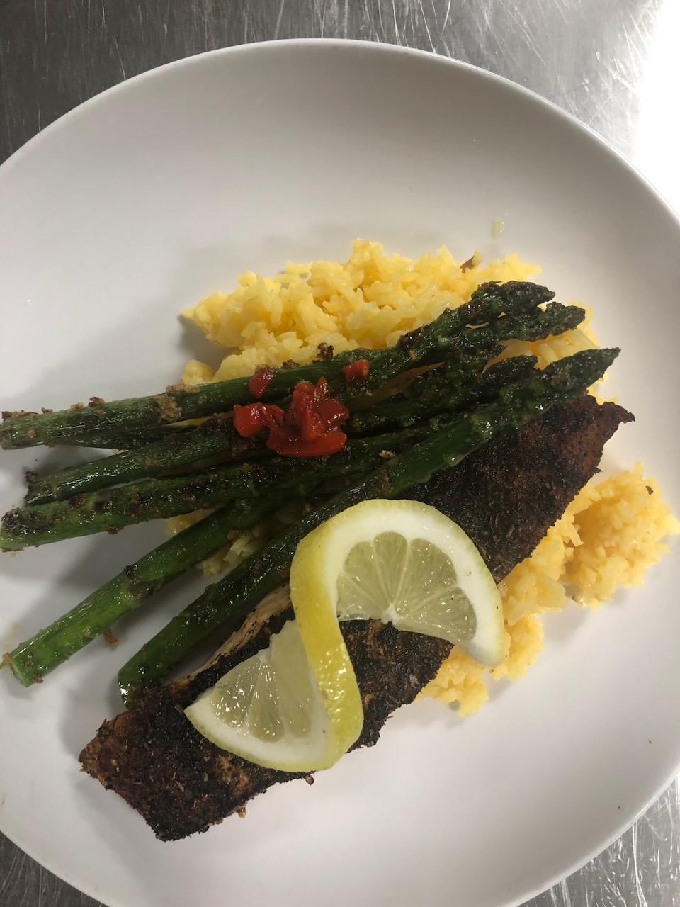 Blackened salmon, saffron rice, sautéed asparagus