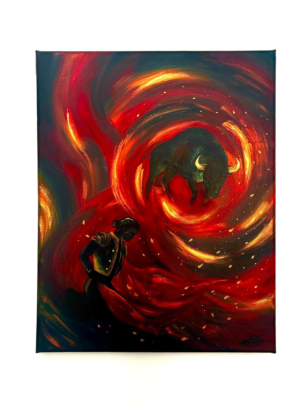 a painting of a man with a bull