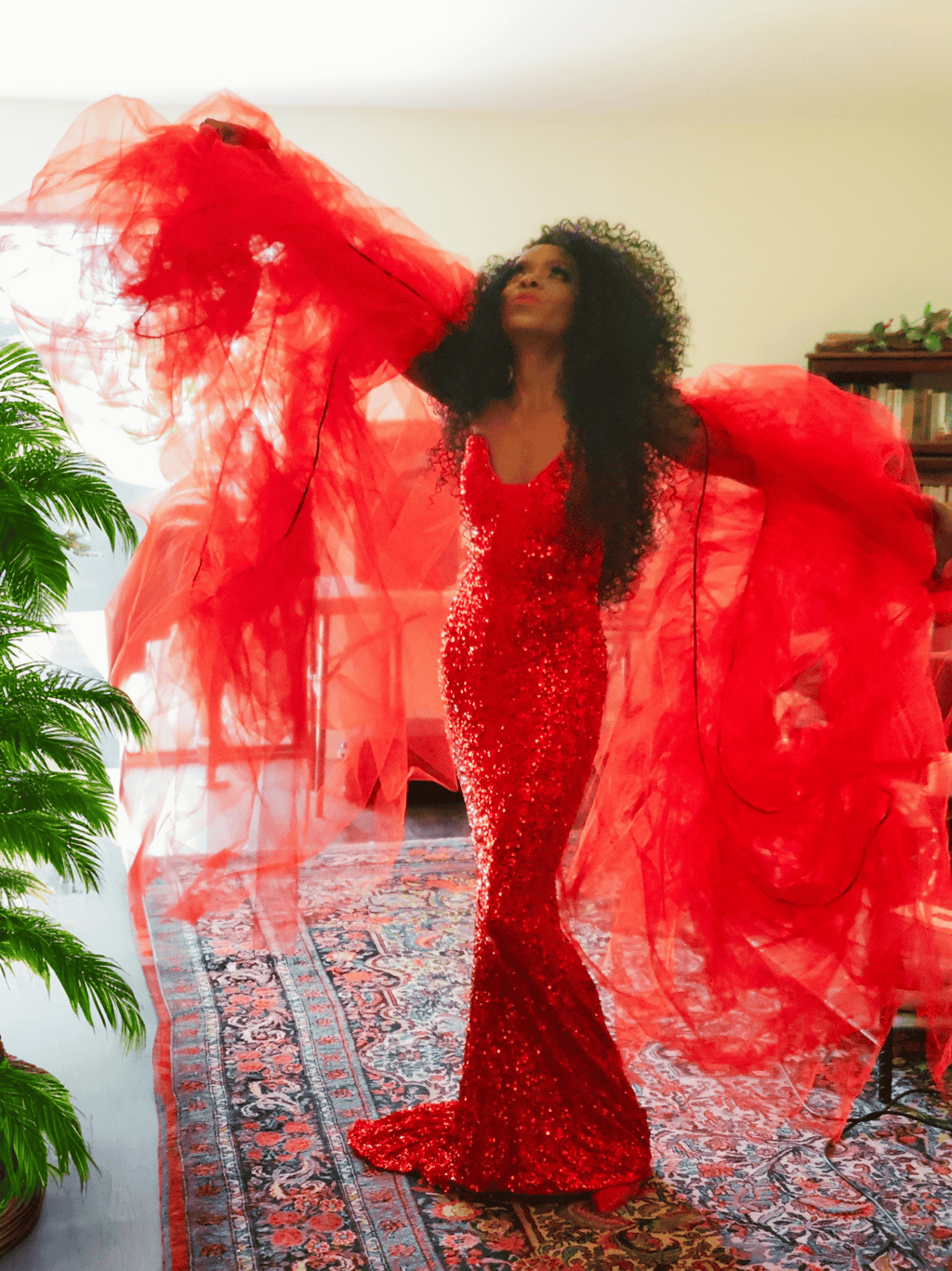 a woman in a red dress, Racquel Marshall as Diana Ross