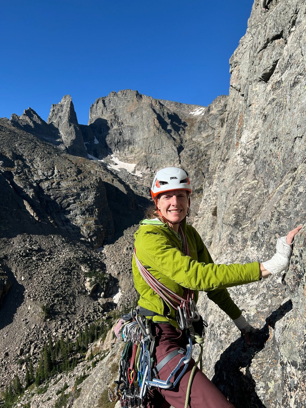 Lisa Foster rock climbing in Rocky Mountain National Park