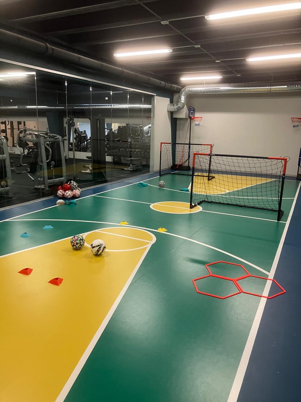 Area multisport della palestra Move 2 Grow a Milano con campo colorato, porte da calcio, palloni e attrezzature per allenamen