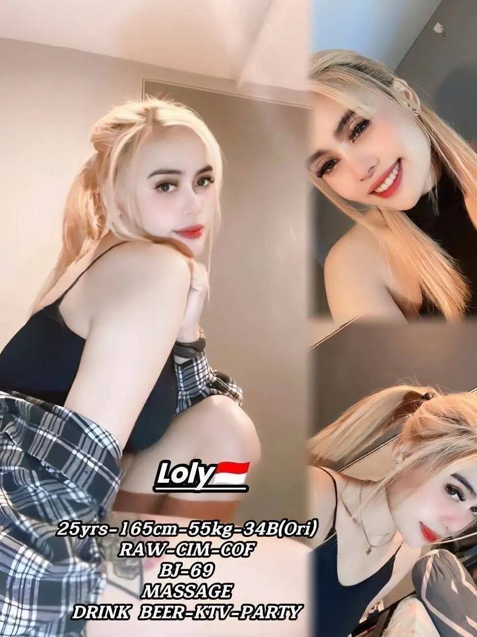 Collage of a blonde woman's selfies featuring text about massage and KTV party services.