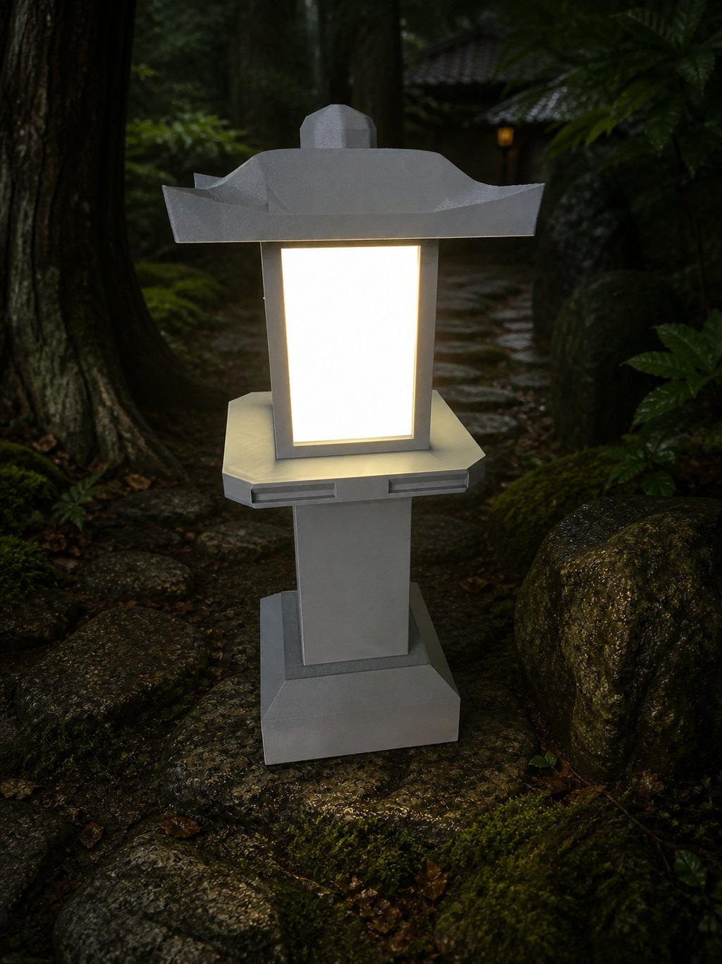 Glowing Japanese stone lantern illuminating a mossy garden path in a forest.