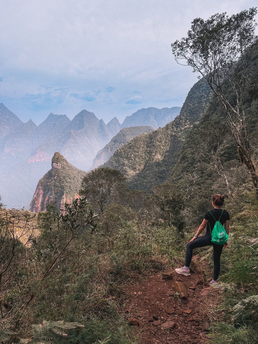 Uma pessoa de costas olhando para os vales no topo da montanha.