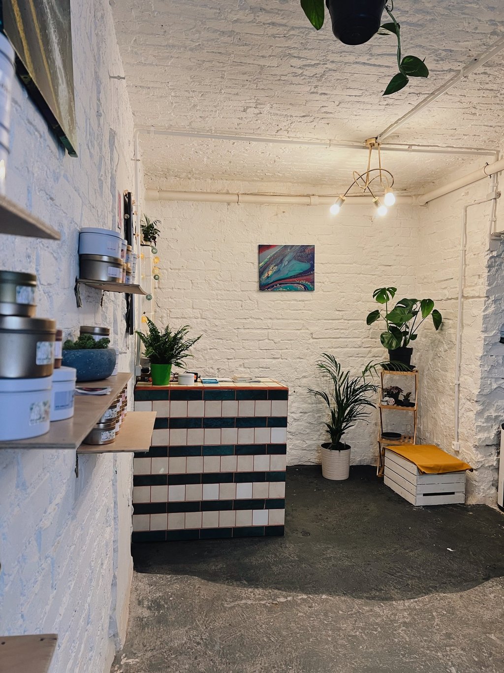 Modern retail interior with white brick walls, potted plants, tiled counter, and shelf of skincare products.