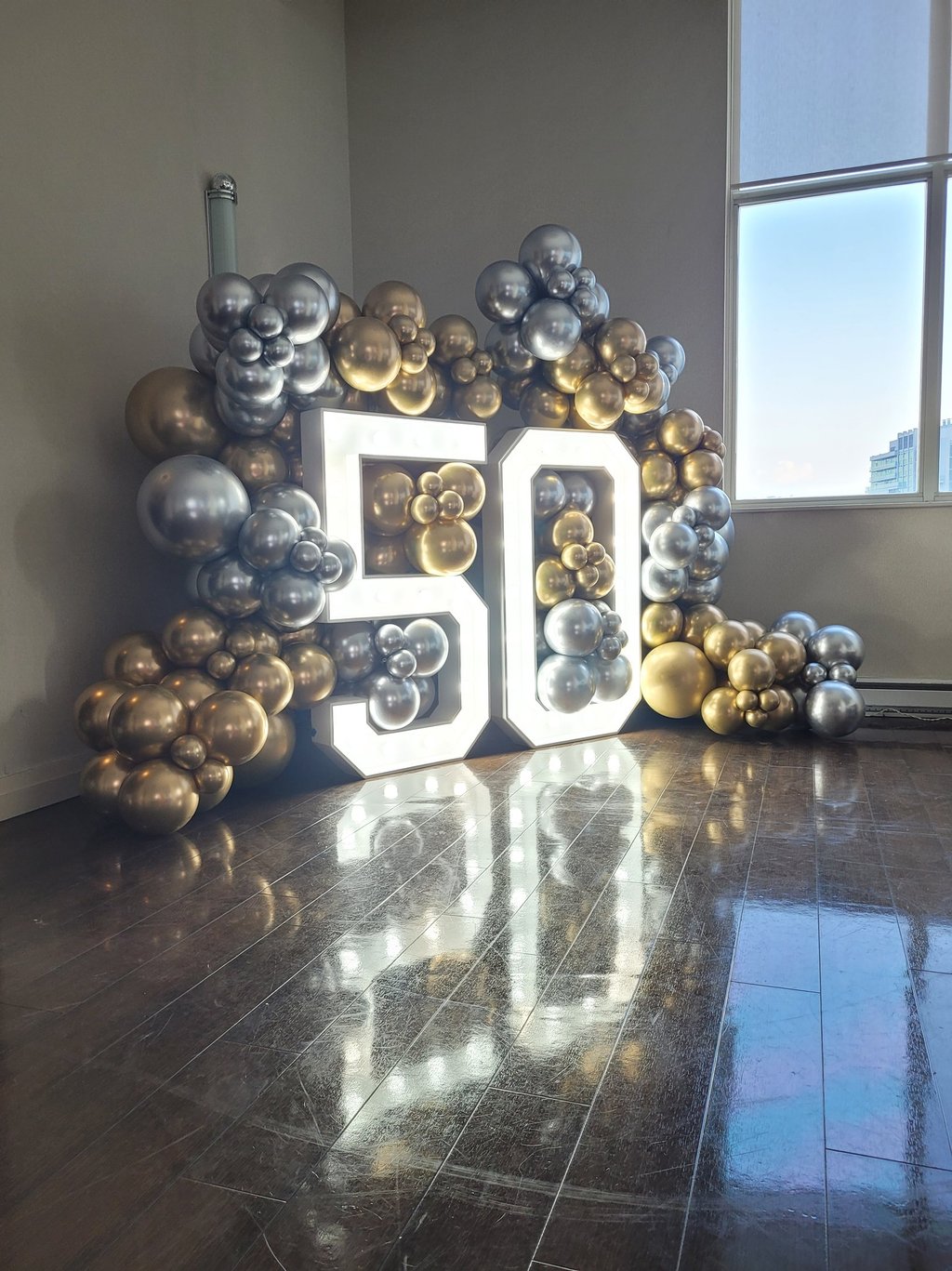 50th gold and silver marquee balloon garland backage