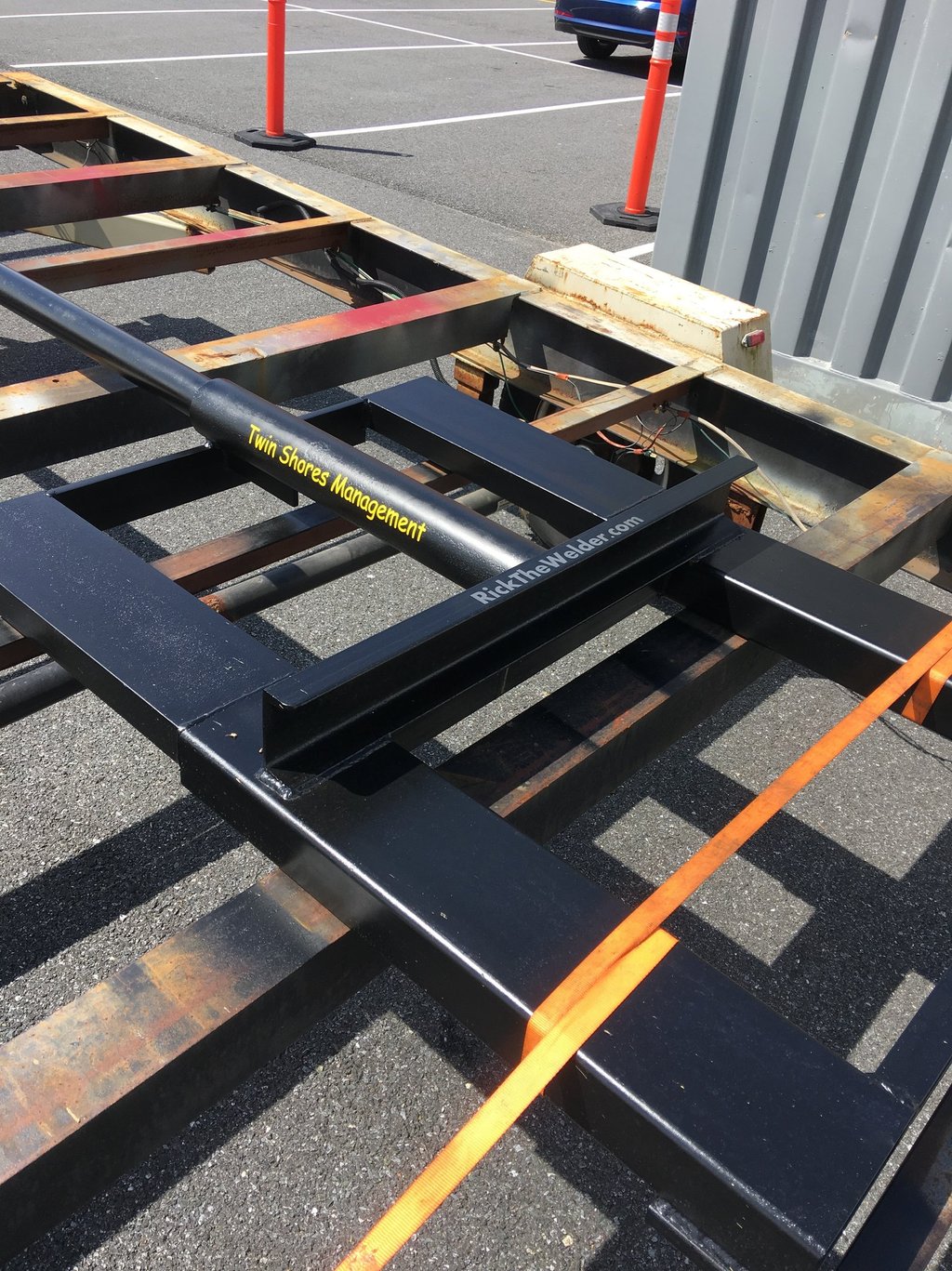 Custom fabbed forklift mounted carpet carrier attachment 