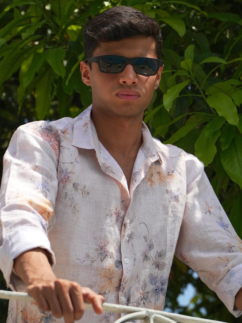 close up linen floral shirt