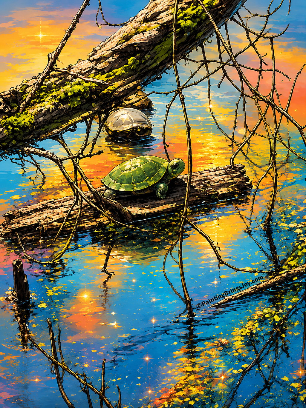 Painting Brings Joy green turtle on a log in pretty colorful water art print painting 410-402-4827