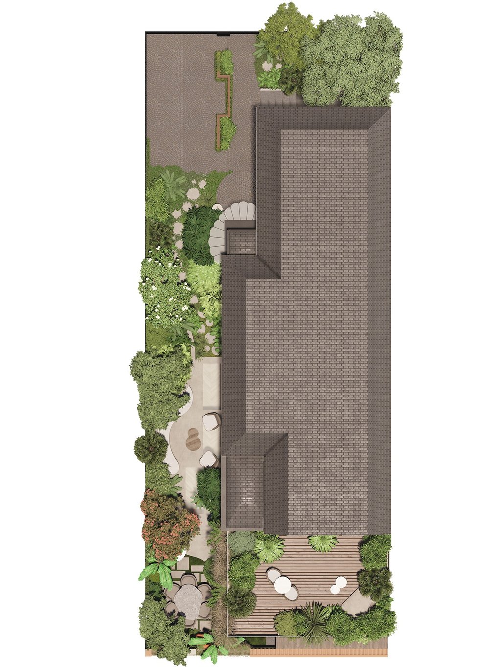Aerial 2D landscape design plan showing house roof, patio furniture, and garden landscaping.