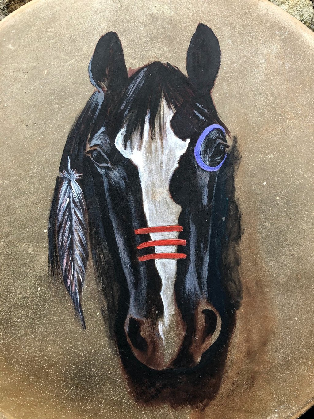 Beloved Blossom, drum painting in acrylics. Oak frame with Red Stag Hide birthed in ceremony