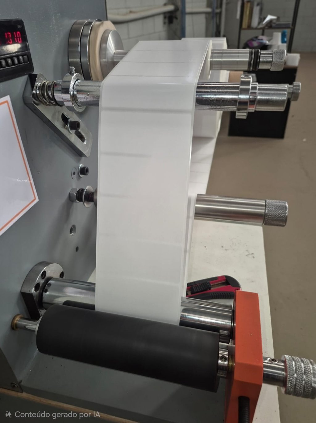 Maquina rebobinadeira com um rolo de etiqueta branca.