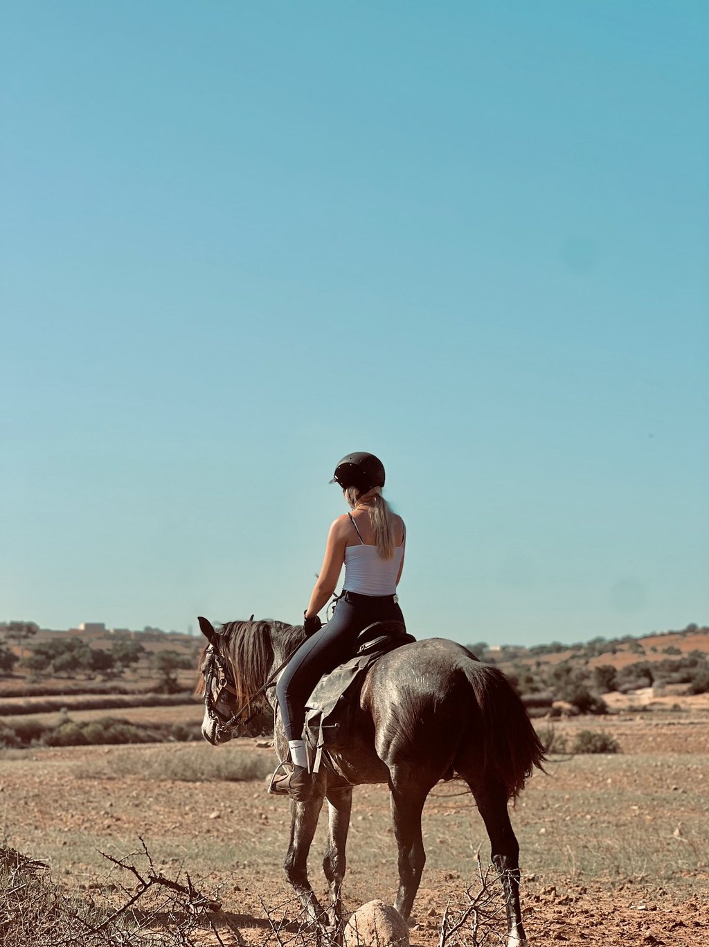femme montant un cheval dans la campagne, avec un beau ciel bleu