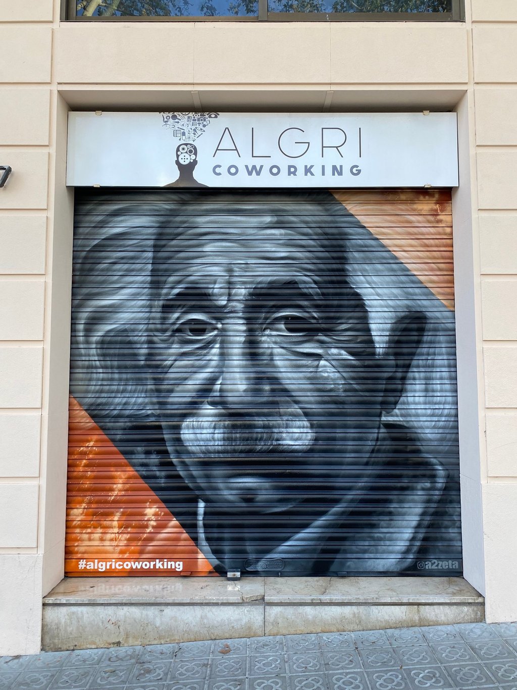 Intervención artística sobre persiana metálica pintada con spray. Diseño figurativo contemporáneo co