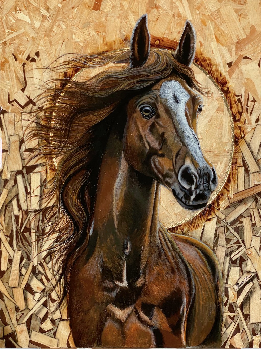 Œuvre intitulée Zéphyr fils du vent, représentant un cheval de face, peinture réalisée sur bois OSB.