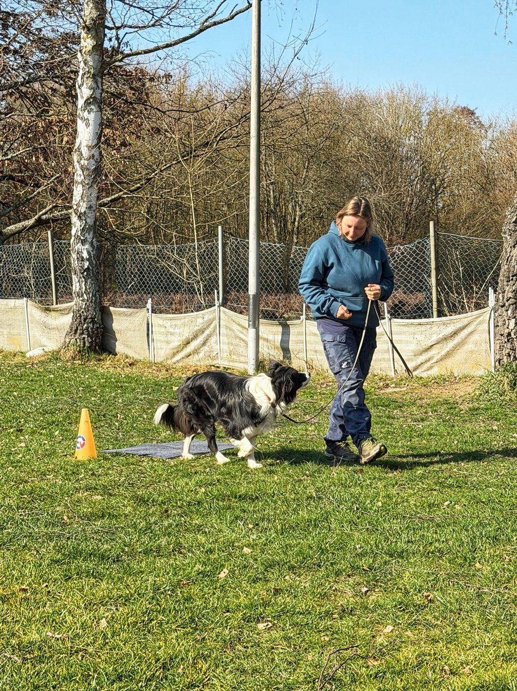 Frau mit Hund auf Wiese, Hund schaut Frau an, Frau schaut Hund an, beide gehen an lockerer Leine 