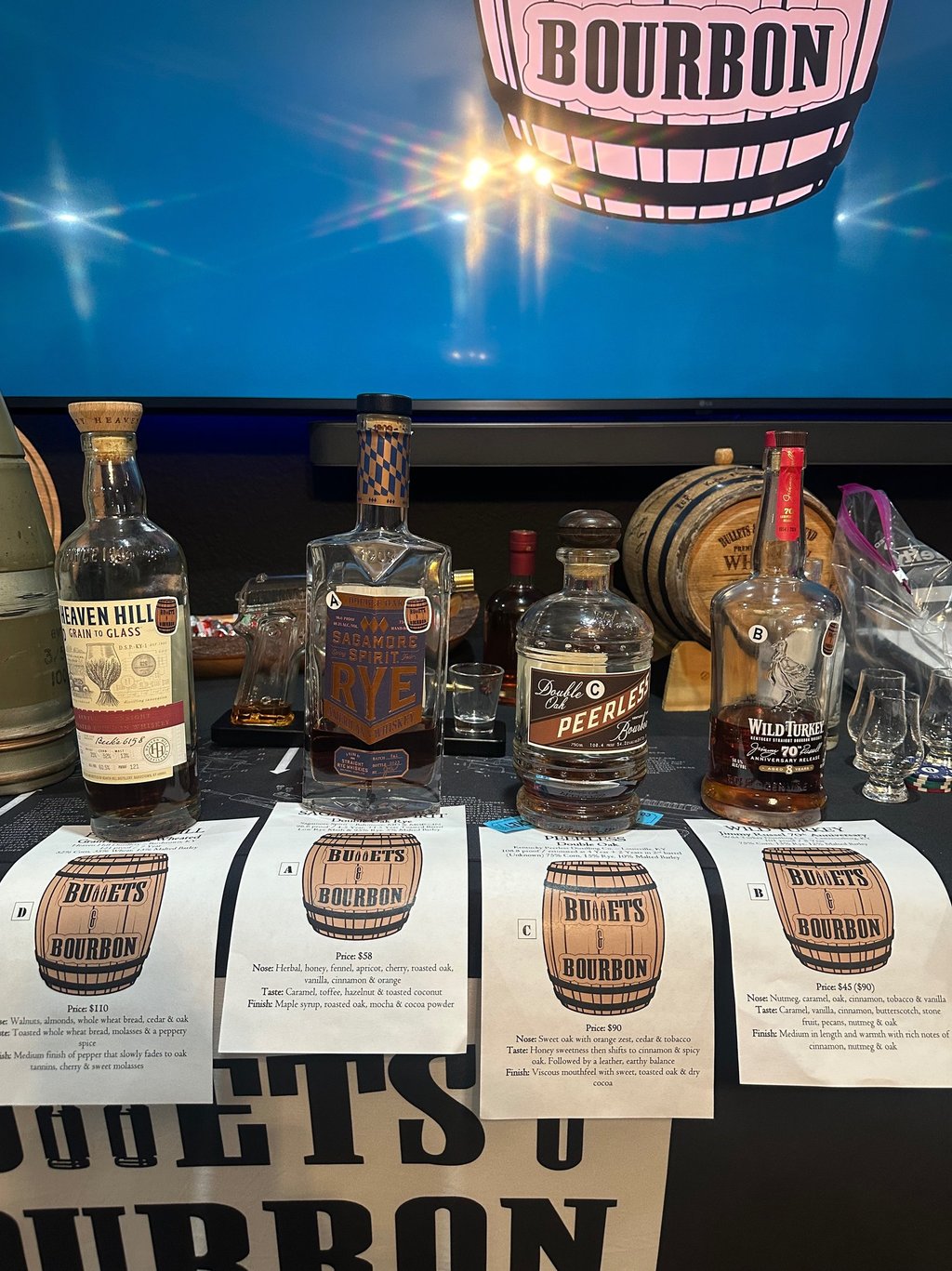 a table with bottles of bourbon