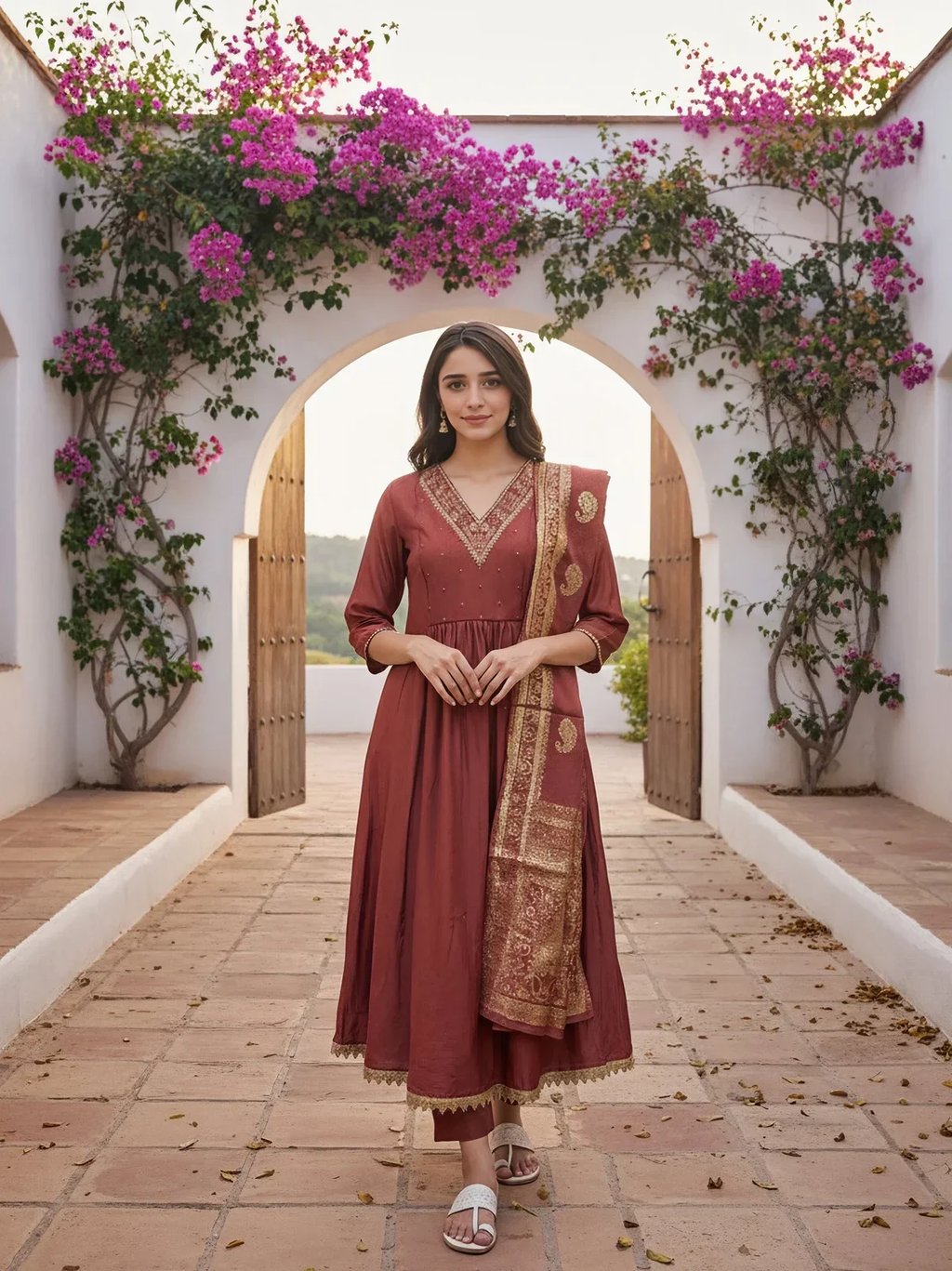 Poly Viscose Embroidered Anarkali Calf Length Kurta with Pant and Dupatta - Mauve