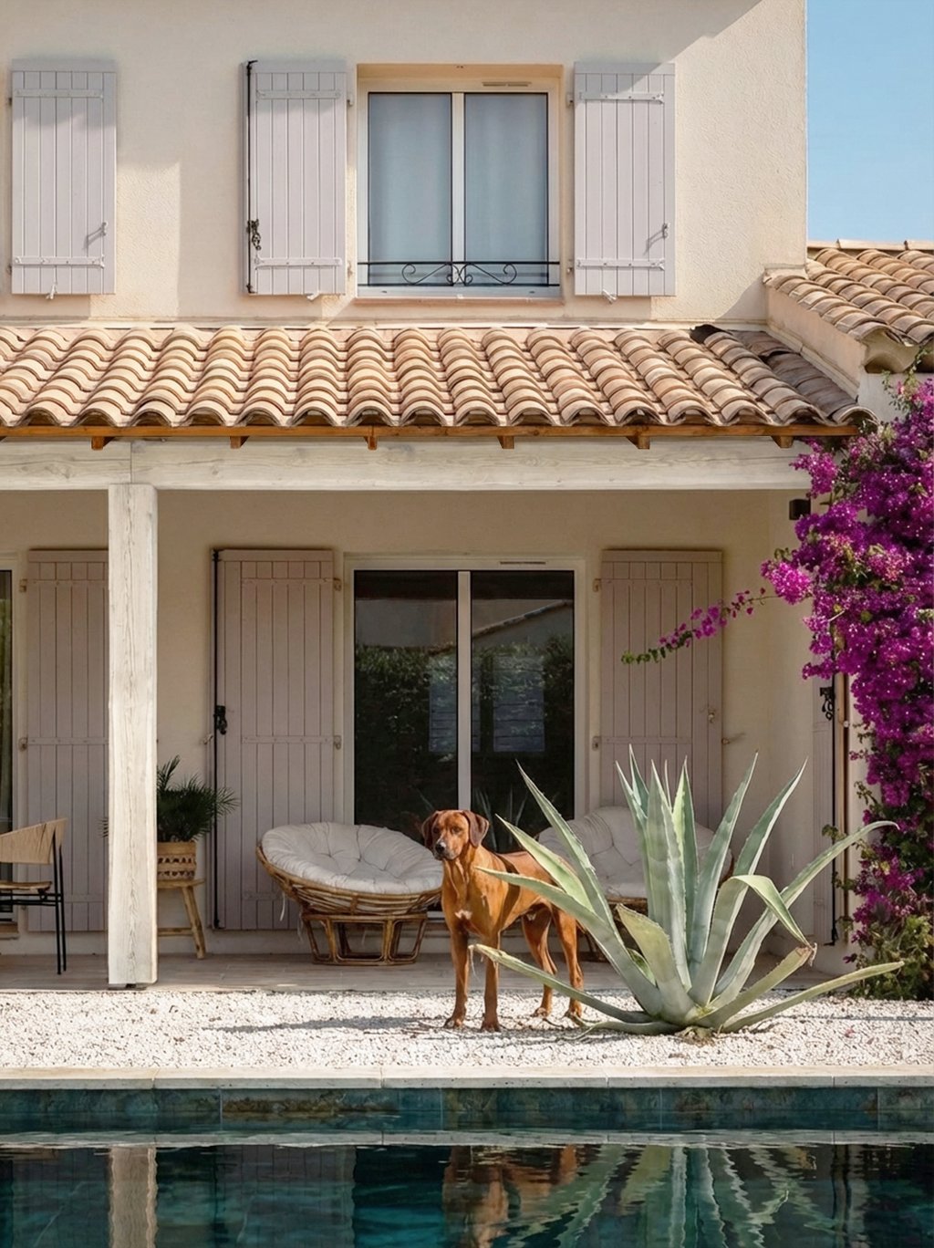 Aménagement extérieur d'une maison rénovée, conception d'une piscine et d'un jardin exotique