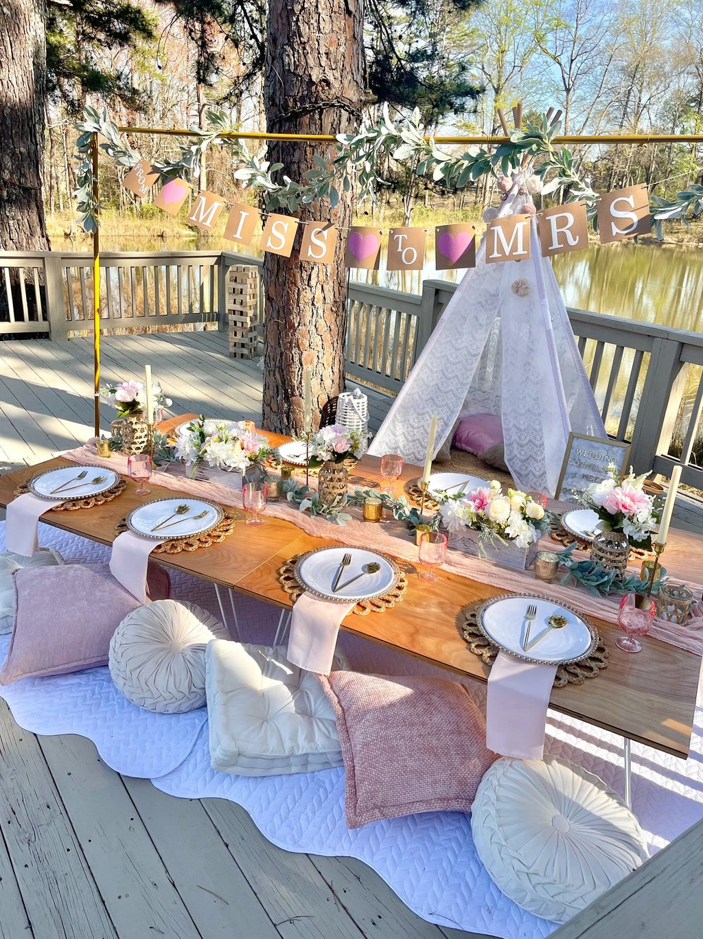 Bridal engagement party brunch Gathered Grace Picnic Co lakeside dock escape gathering experience GA