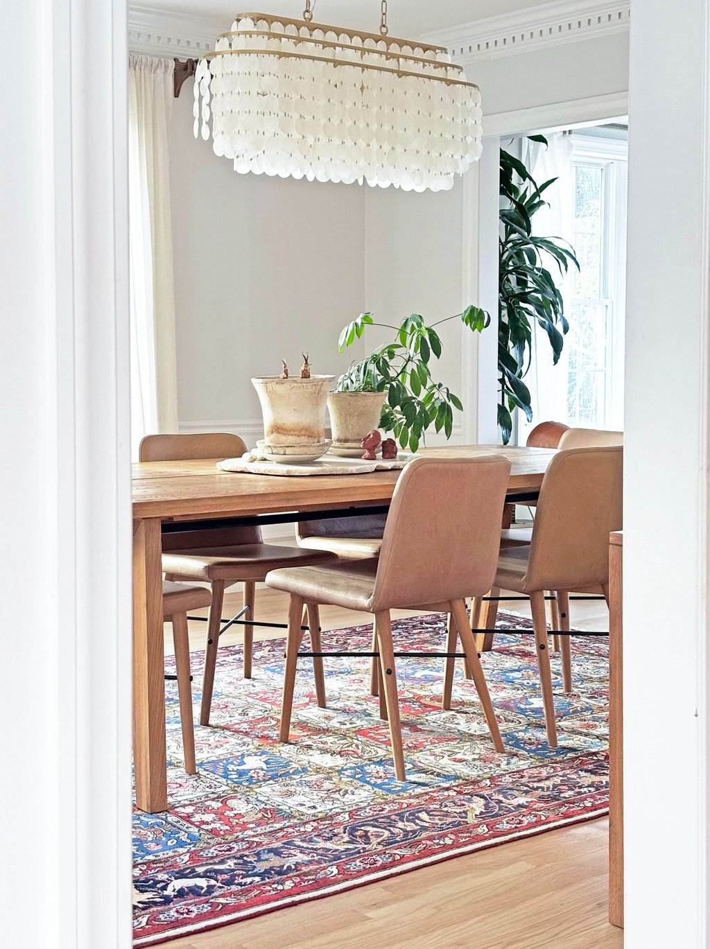 Dining room, capiz chandelier, antique Persian rug, Article oak table, interior renovation Lancaster MA, Erica Fossati Design