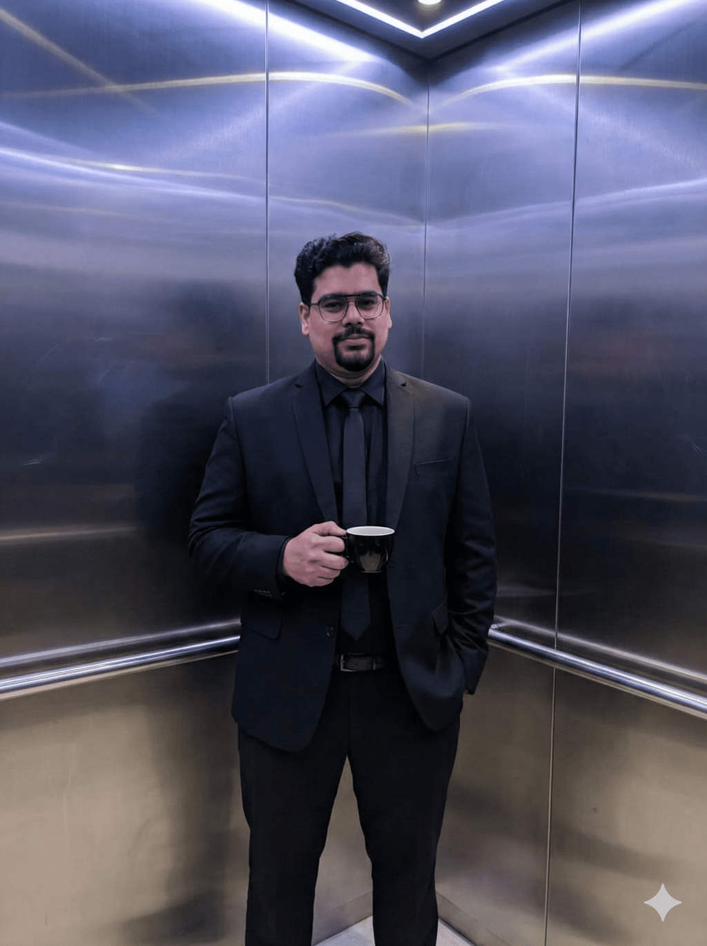 Professional businessman in a black suit holding a coffee mug inside a modern elevator.