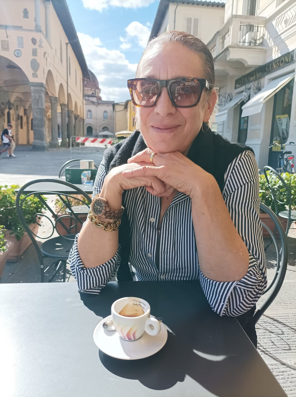 Gia Marie having an espresso in San Giovanni Valdarno, Italy