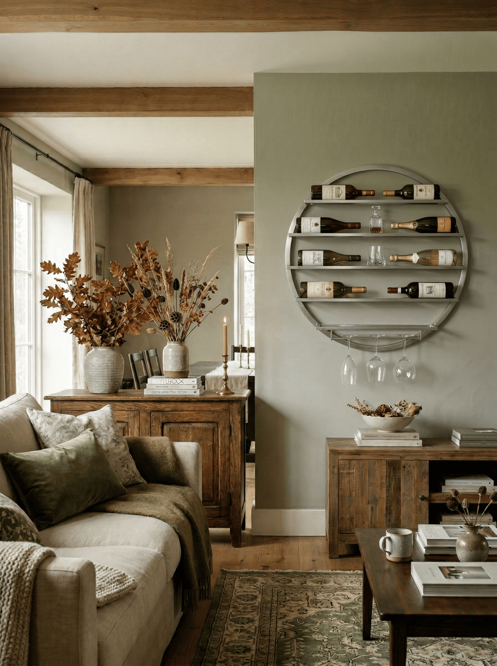 Rustic living room with a wall-mounted circular wine rack, wooden sideboard, and cozy sofa.