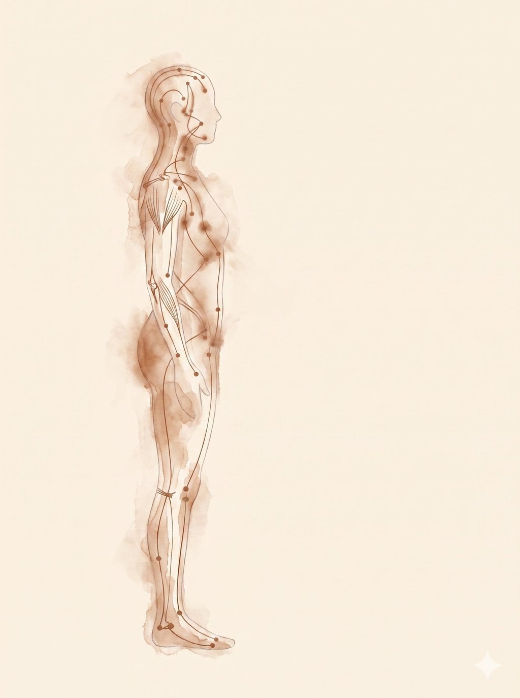 Watercolor illustration of human anatomy showing acupuncture points and meridians for holistic therapy.