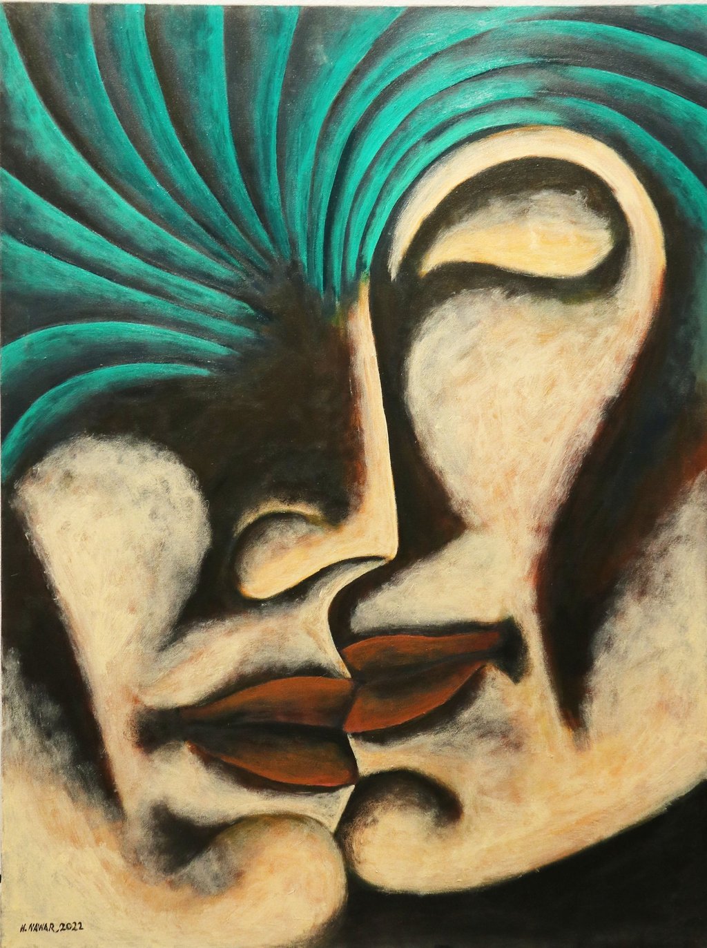 Hesham Nawar, kiss and tree, acrylic on canvas.