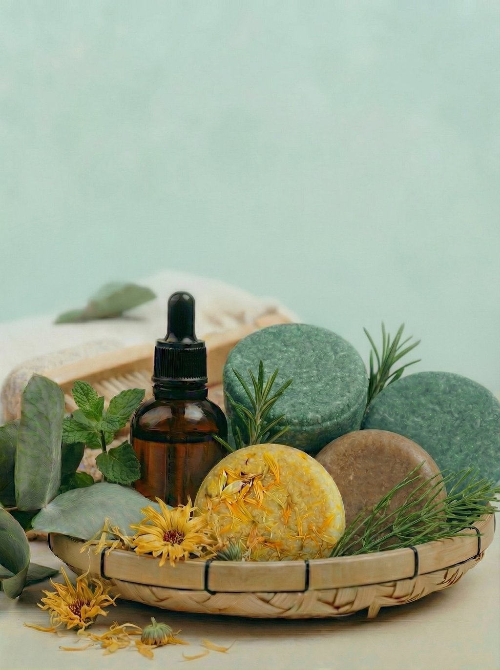 Shampoos naturales de menta+romero, calendula y cola de caballo