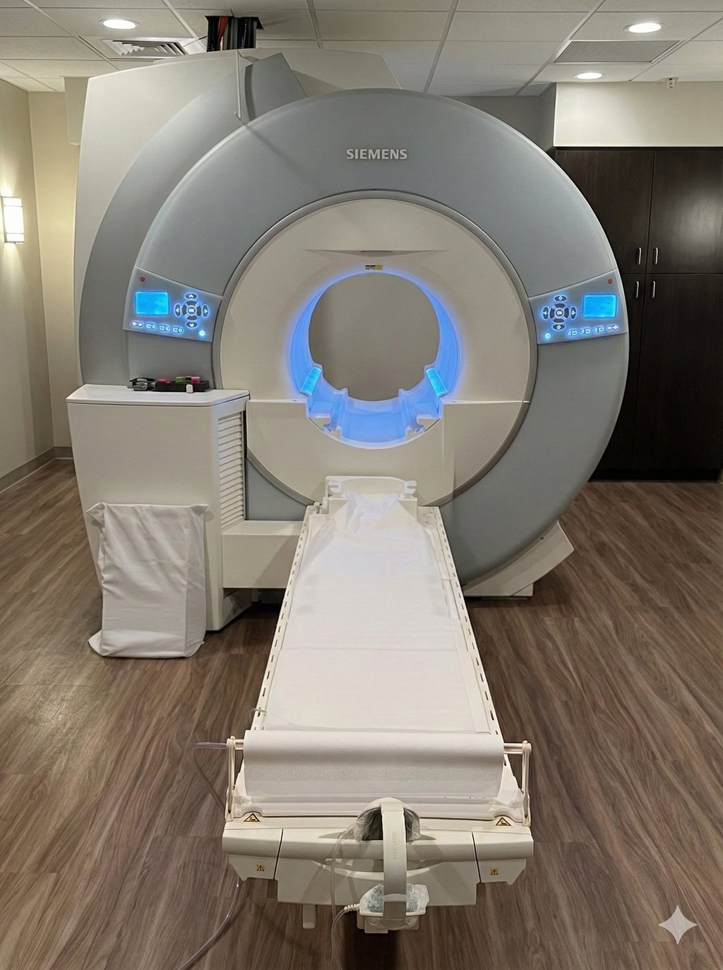 Siemens MRI machine used for brain, spine, and neurological imaging in a clinical exam room.