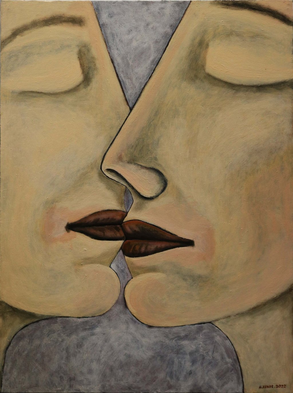 Hesham Nawar, kiss in fog, acrylic on canvas.