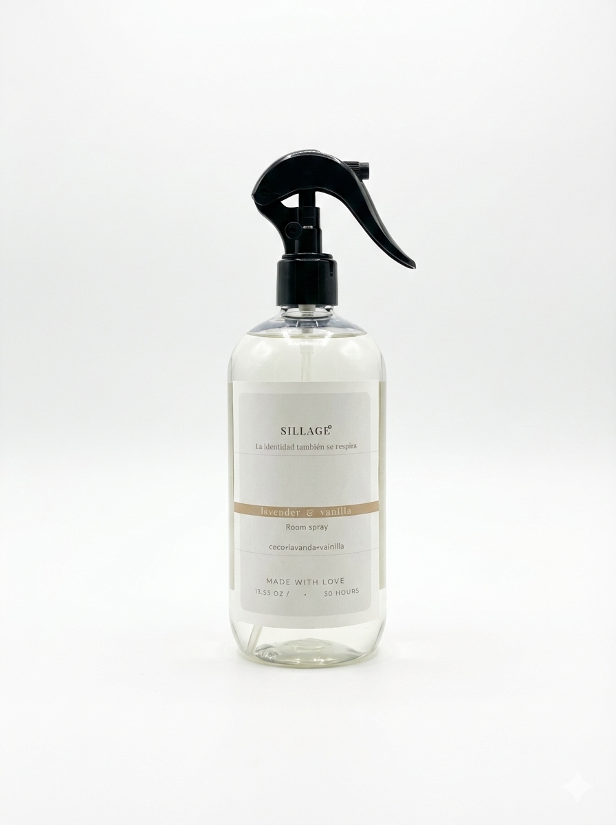 Spray ambiental Sillage de lavanda y vainilla en un frasco con pulverizardor negro