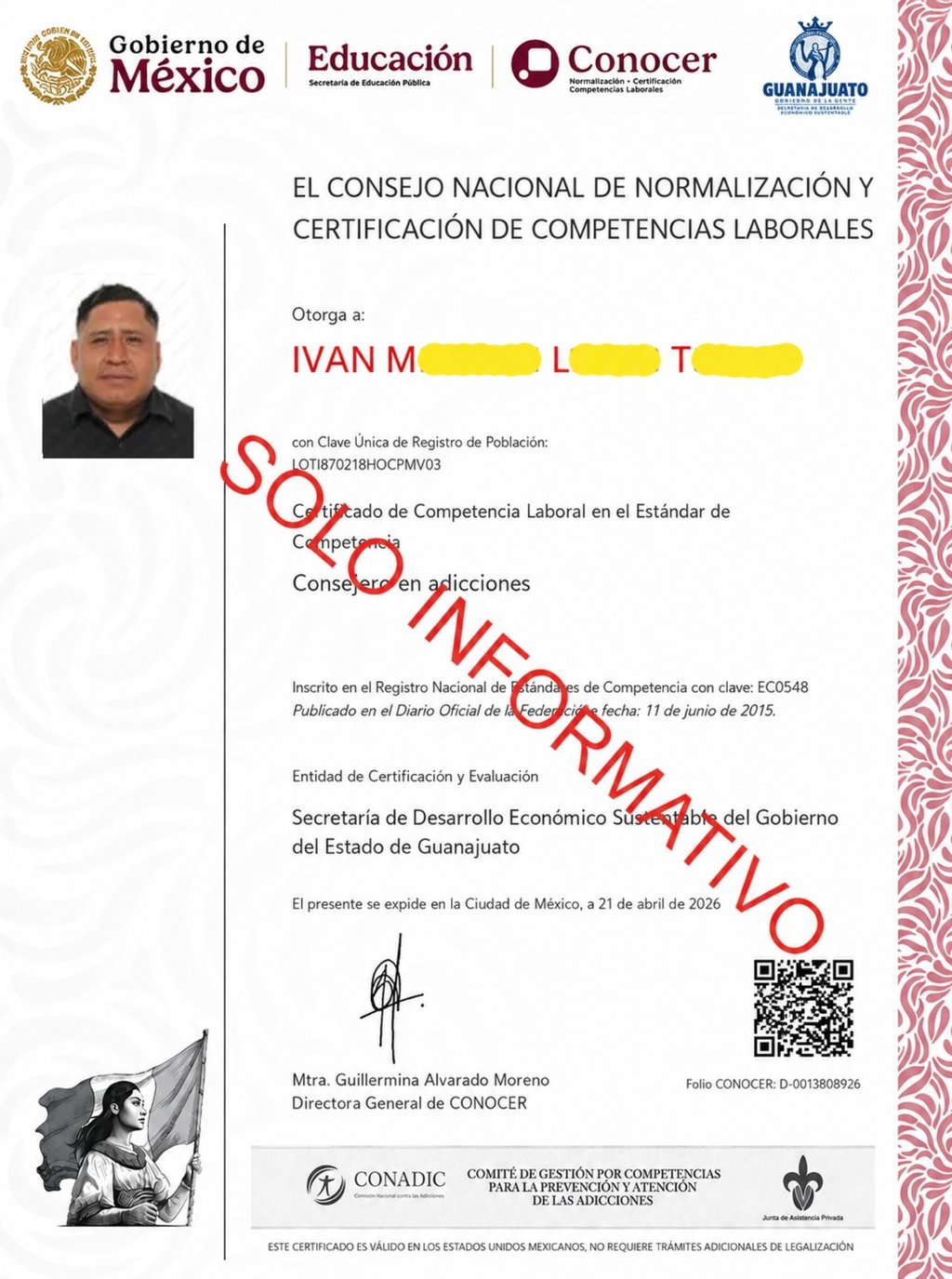 Official CONOCER labor competency certificate for addiction counselor issued by the Mexican government.